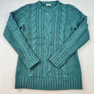 LL Bean Women's Double L Cable‎ Sweater Crewneck Storm Teal Small